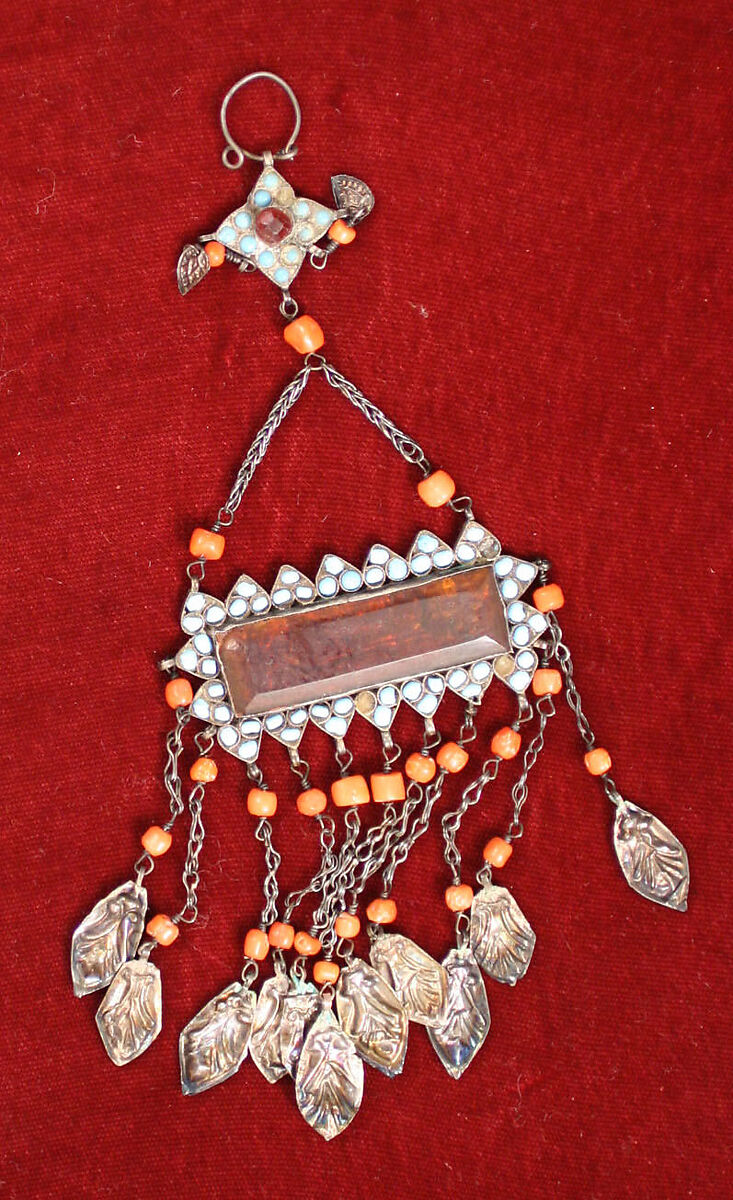 Pendant, One of a Pair, Silver, coral, amber, turquoise 