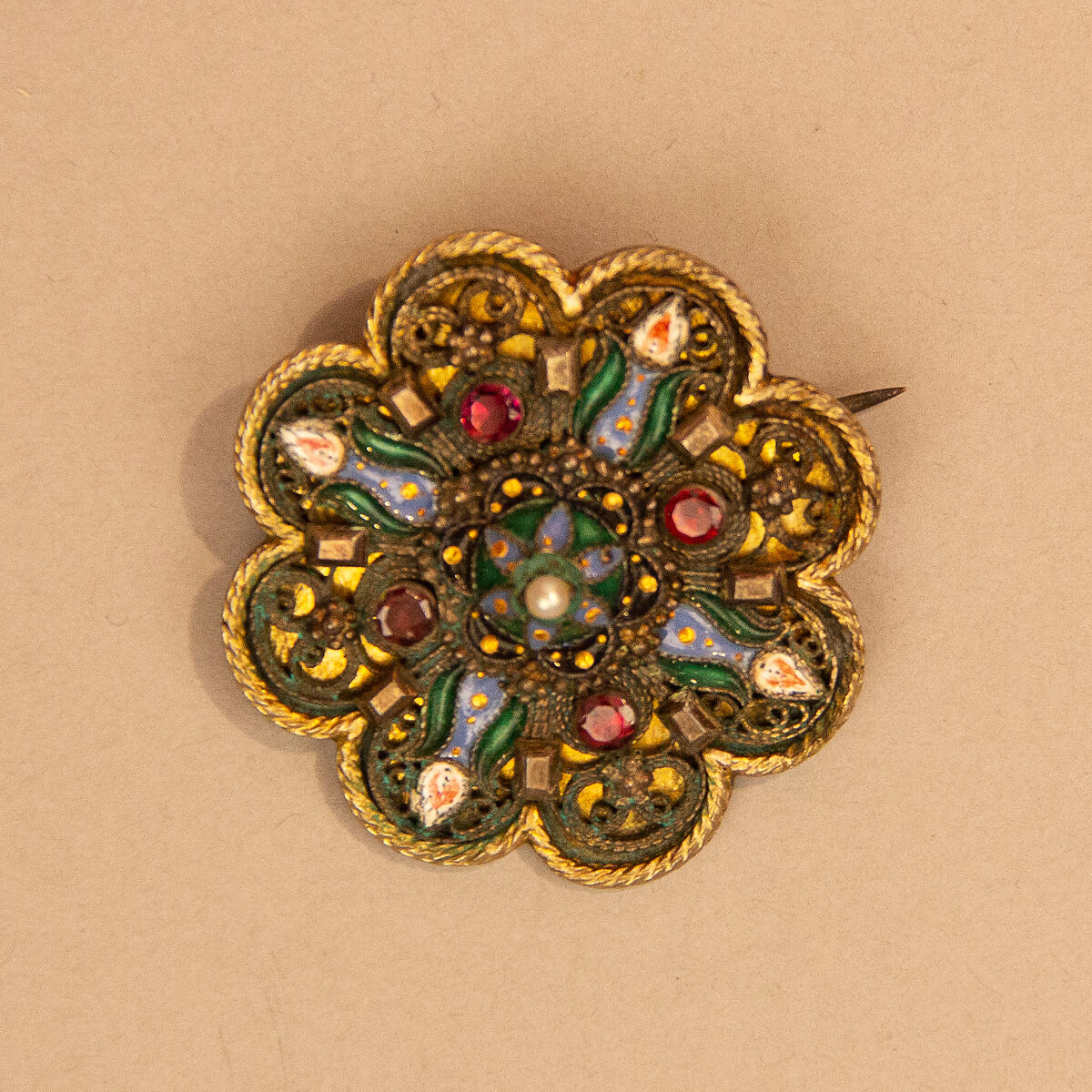 Brooch, Silver; gilded and enamelled 