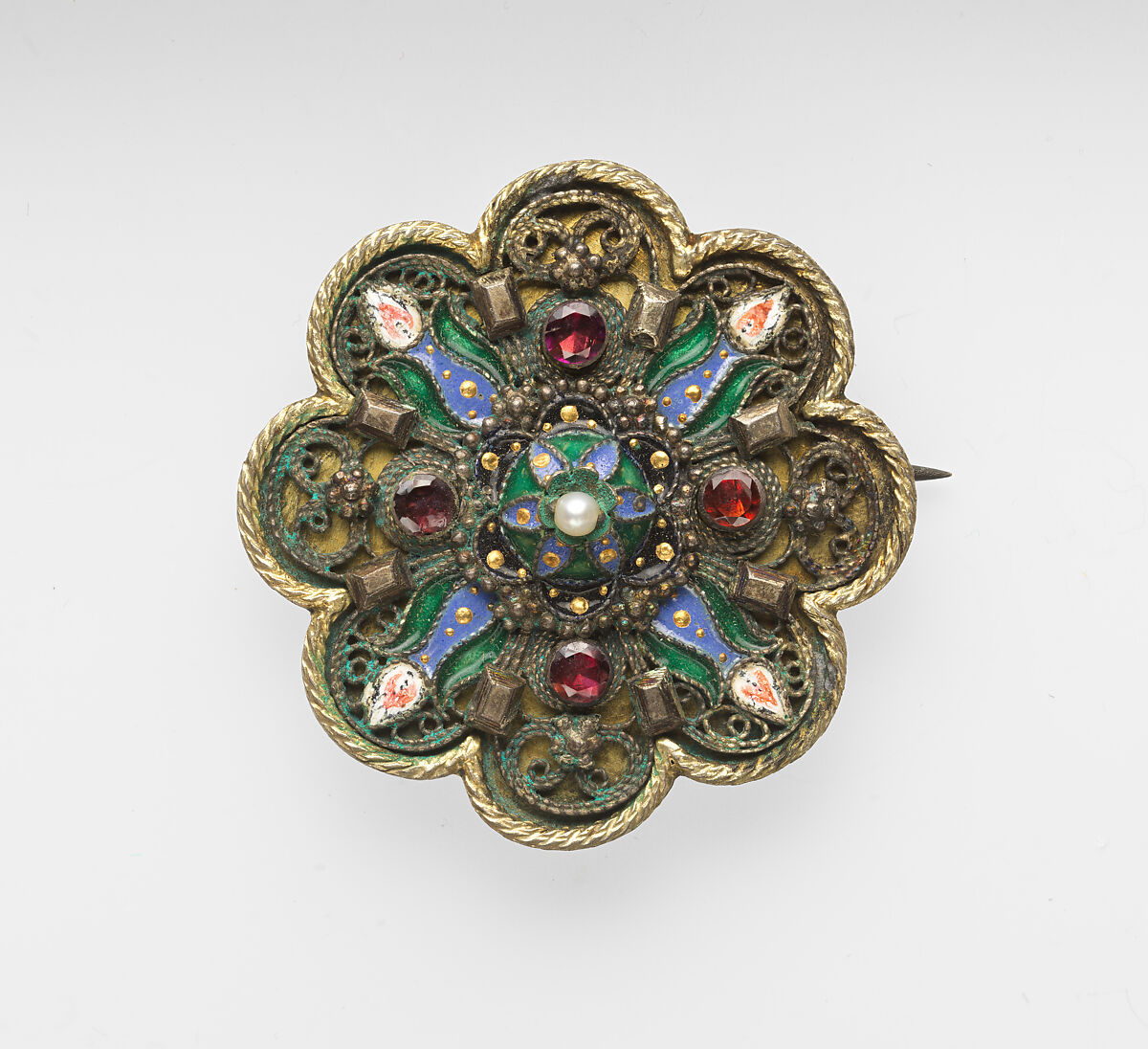 Brooch, Silver; gilded and enamelled 