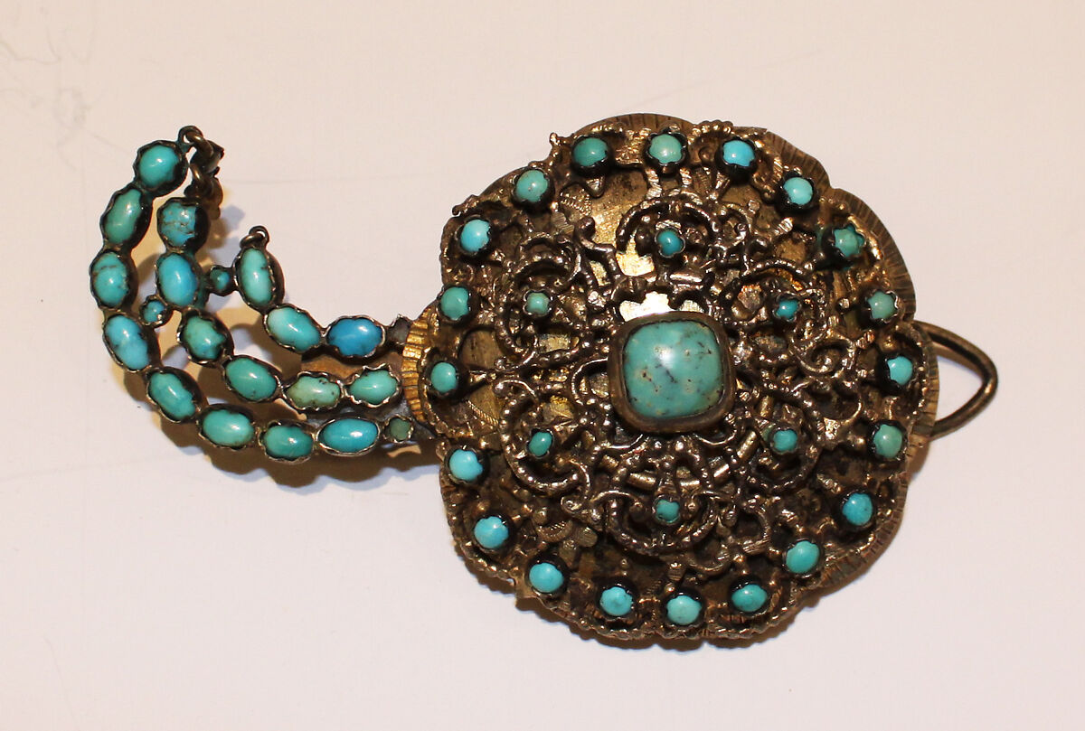 Turban Ornament, Silver sheet; gilded, applied with filigree, inlaid with turquoise