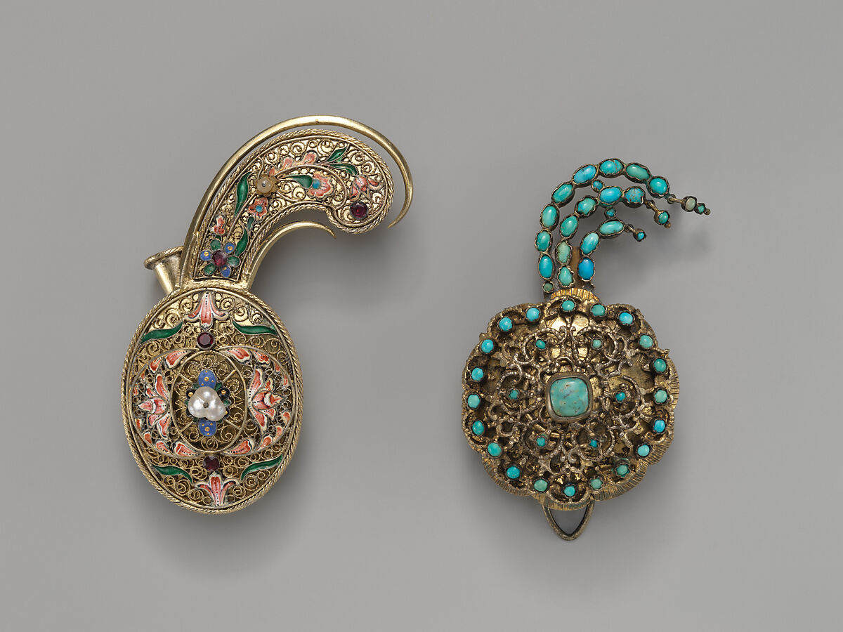 Turban Ornament, Silver sheet; gilded, applied with filigree, inlaid with turquoise