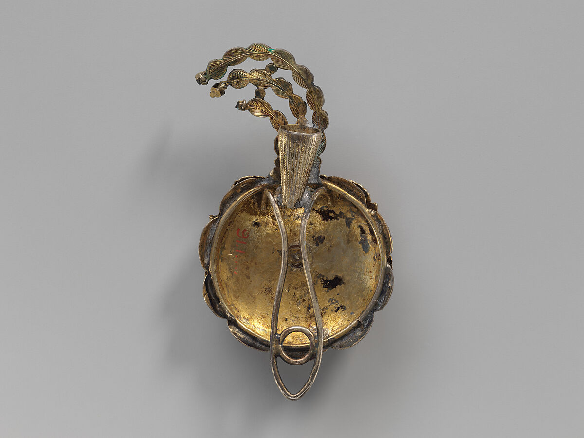 Turban Ornament, Silver sheet; gilded, applied with filigree, inlaid with turquoise