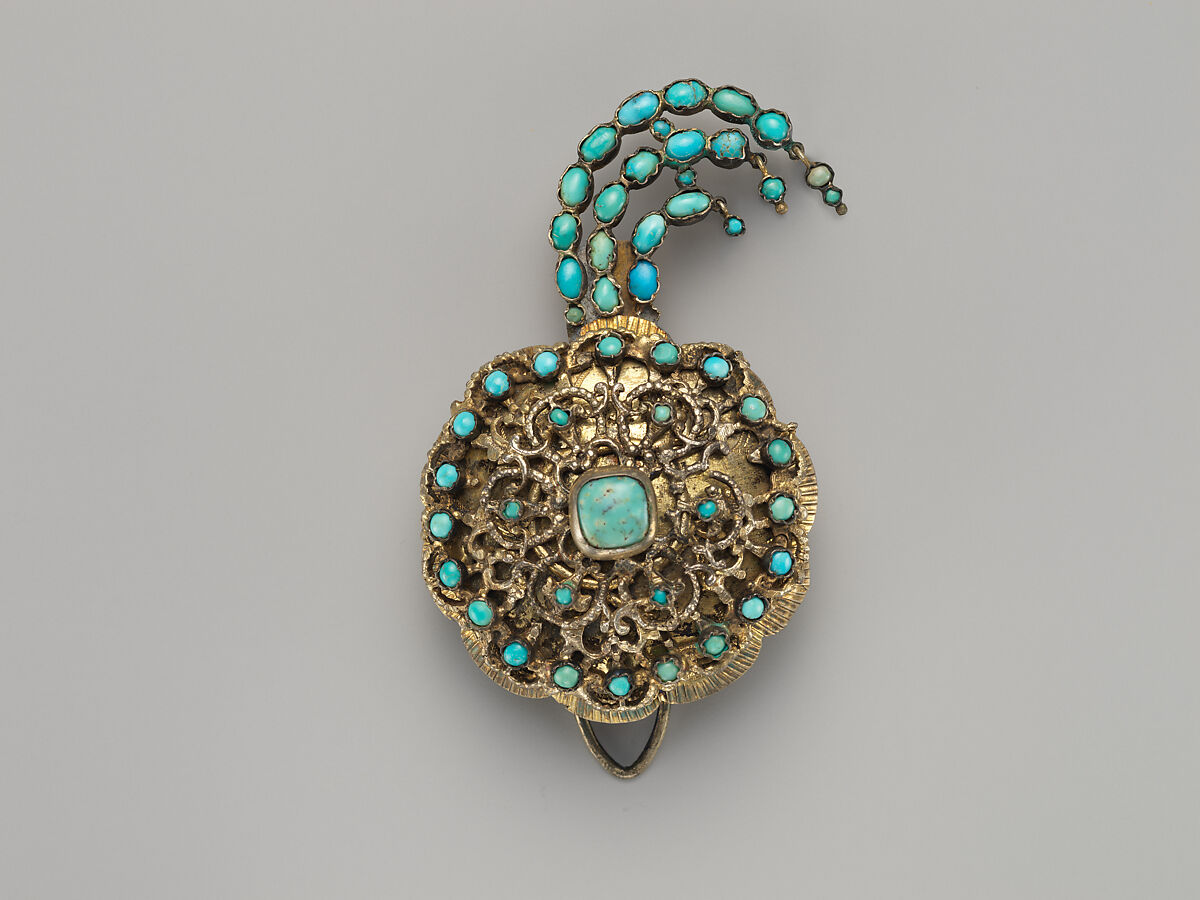 Turban Ornament, Silver sheet; gilded, applied with filigree, inlaid with turquoise 