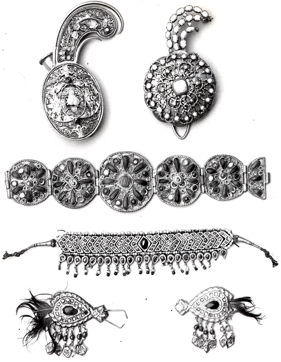 Turban Ornament, Silver sheet; gilded, applied with filigree, inlaid with turquoise