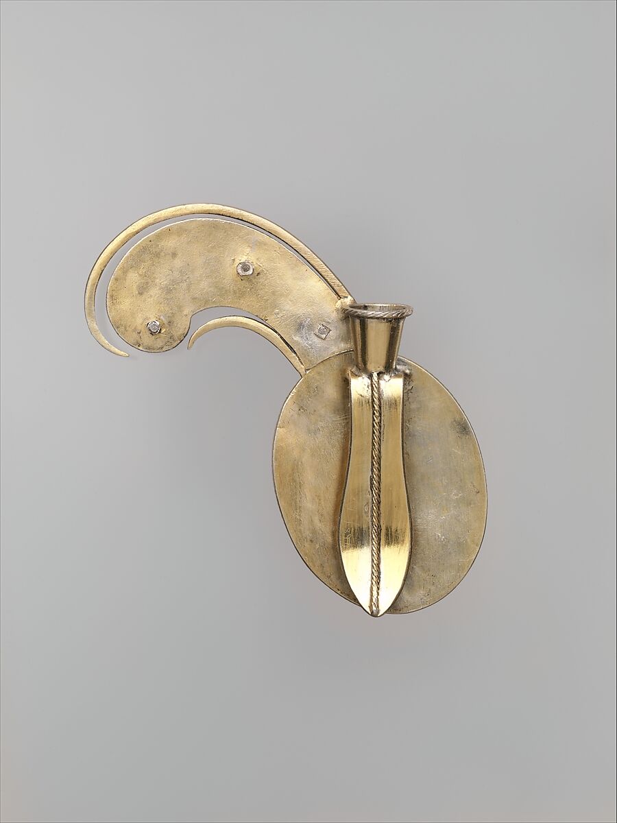 Turban Ornament, Silver sheet; gilded, applied with filigree, inlaid with enamel and colored glass/pearls