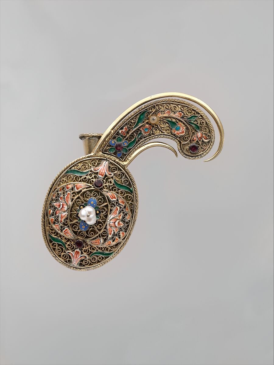 Turban Ornament, Silver sheet; gilded, applied with filigree, inlaid with enamel and colored glass/pearls 