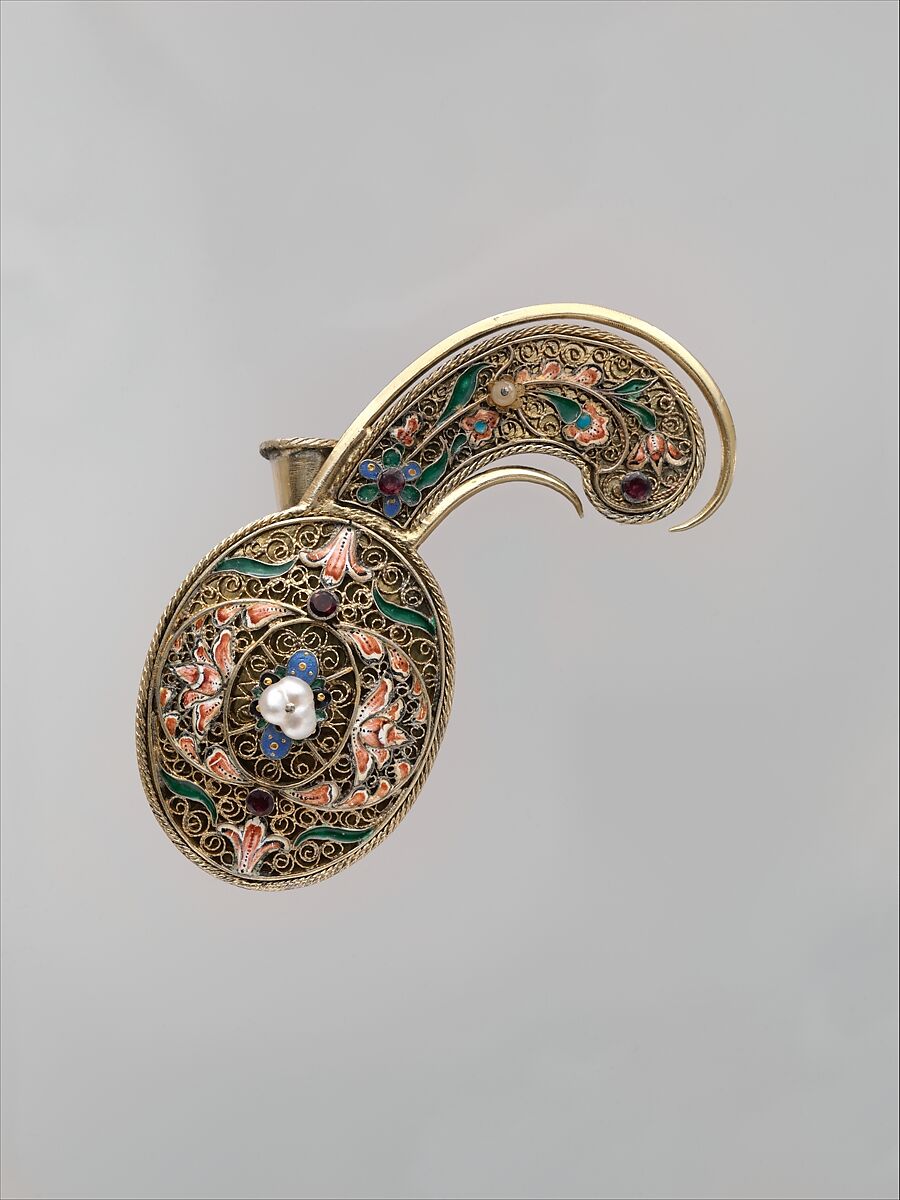 Turban Ornament, Silver sheet; gilded, applied with filigree, inlaid with enamel and colored glass/pearls