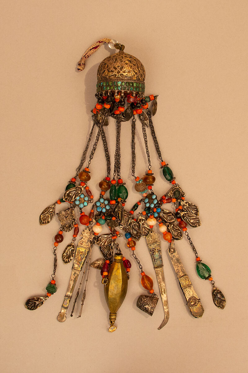 Ornament, Silver, coral, turquoise, glass 