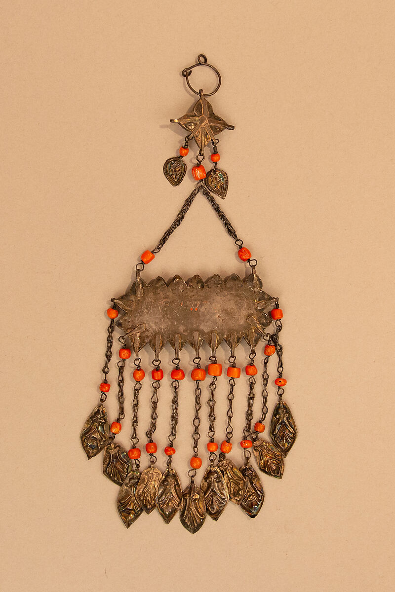 Pendant, One of a Pair, Silver, coral, amber, turquoise