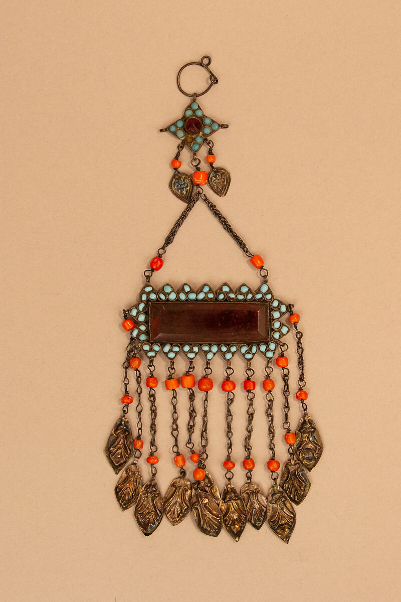 Pendant, One of a Pair, Silver, coral, amber, turquoise