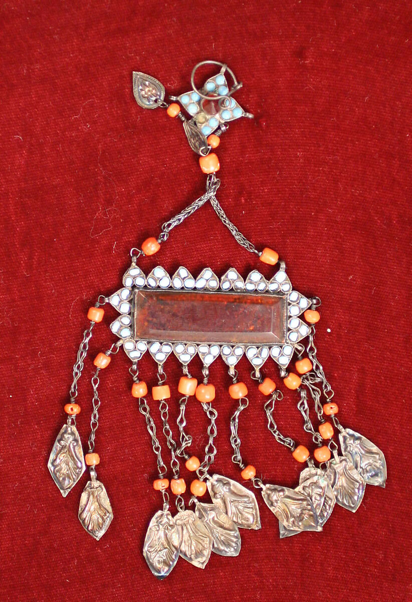 Pendant, One of a Pair, Silver, coral, amber, turquoise 