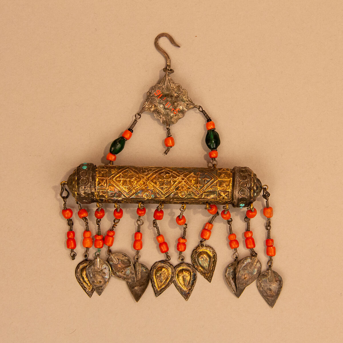 Amulet Case, One of a Pair, Silver, coral, turquoise, glass