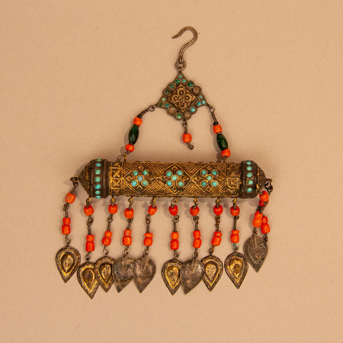 Amulet Case, One of a Pair, Silver, coral, turquoise, glass 