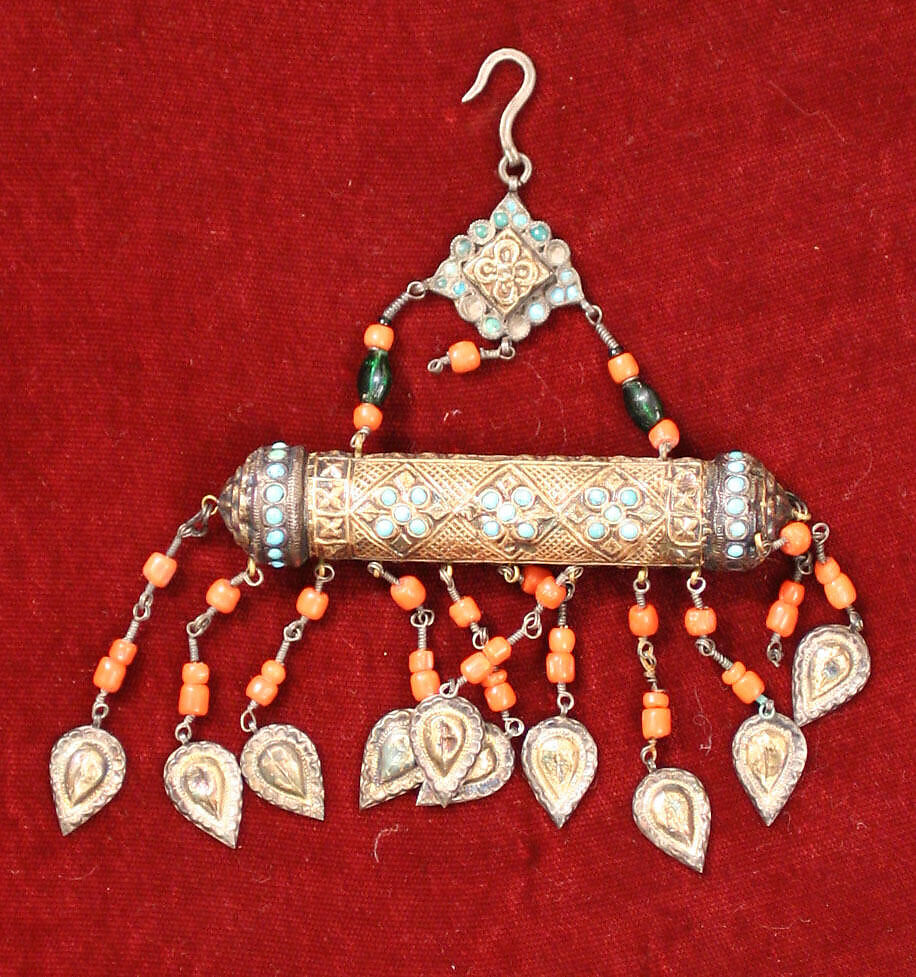 Amulet Case, One of a Pair, Silver, coral, turquoise, glass