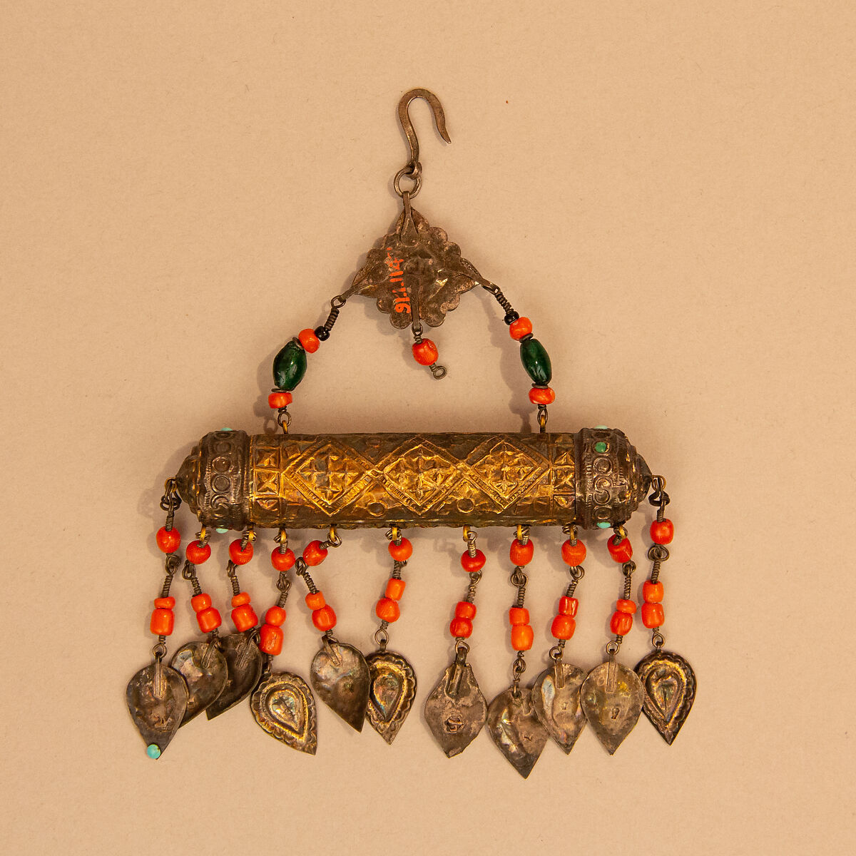 Amulet Case, One of a Pair, Silver, coral, turquoise, glass