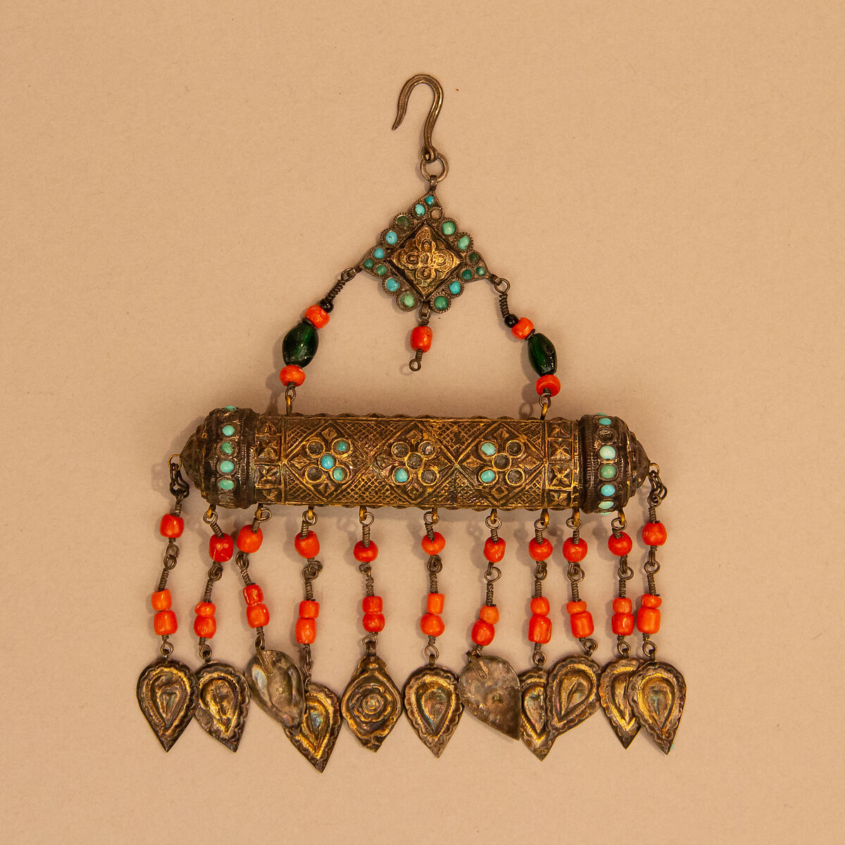 Amulet Case, One of a Pair, Silver, coral, turquoise, glass 