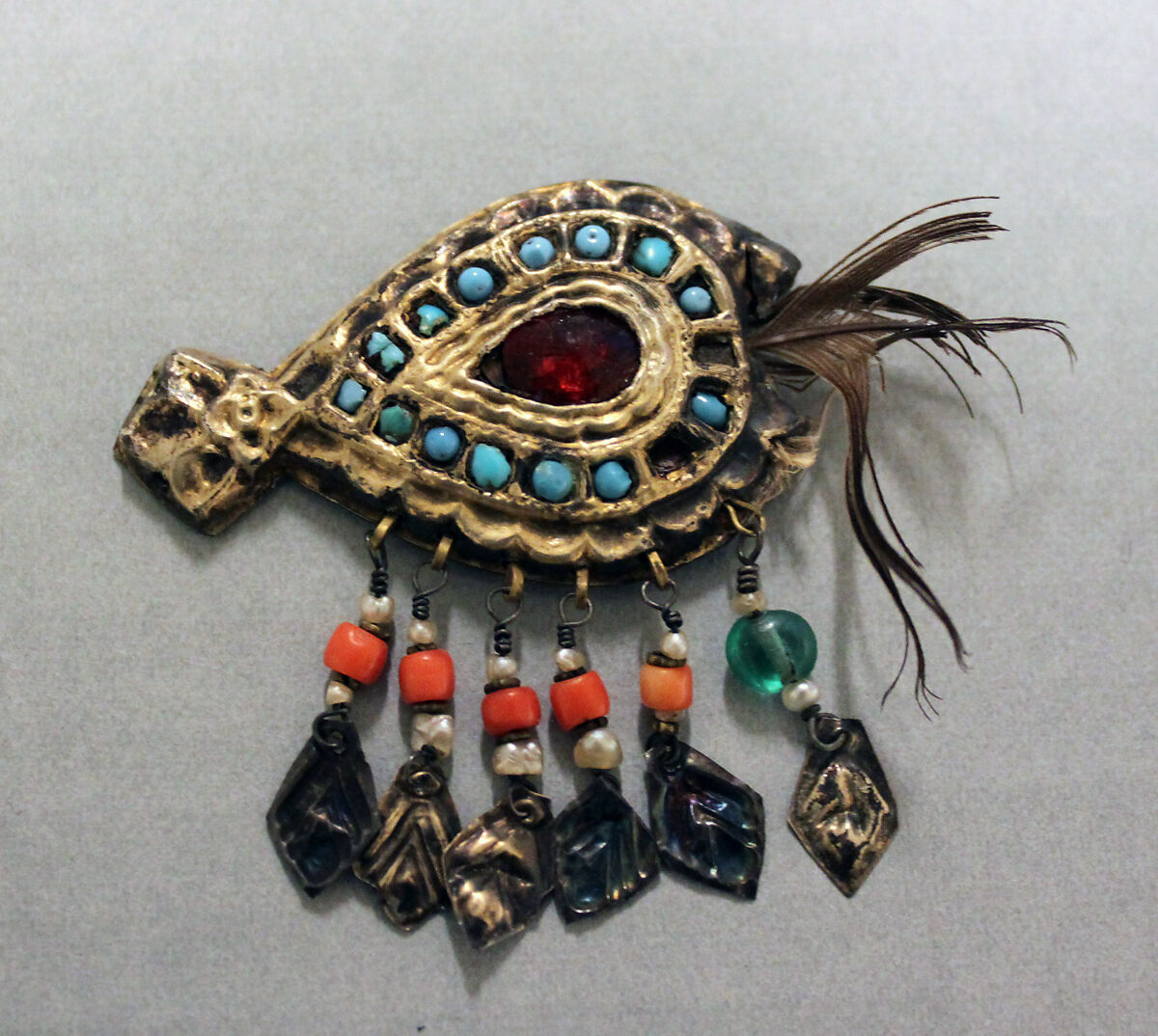 Ornament, One of a Pair, Gold, turquoise, carnelian, feather