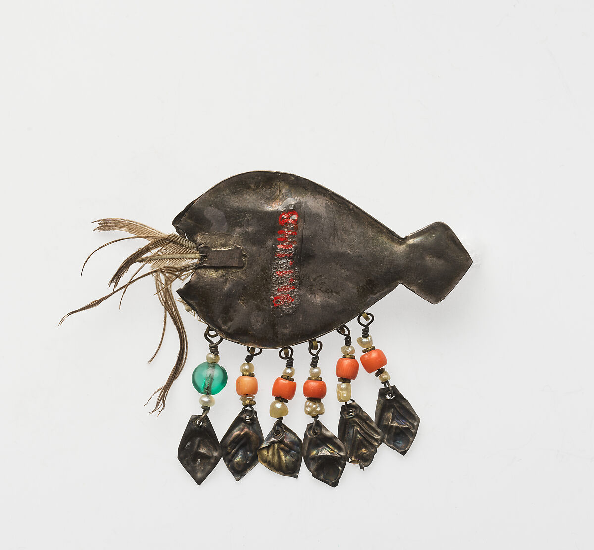 Ornament, One of a Pair, Gold, turquoise, carnelian, feather