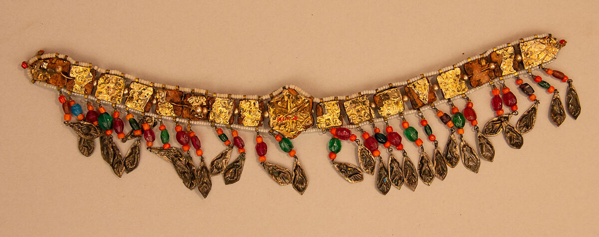 Head Ornament, Gold leaf, turquoise, coral, glass