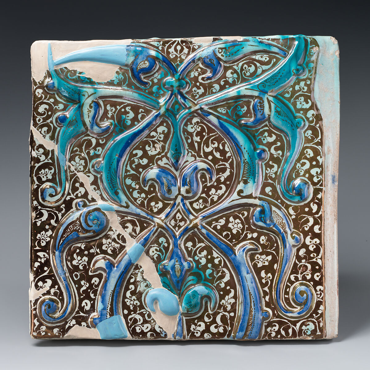 Tile, Stonepaste; overglaze luster-painted, molded 