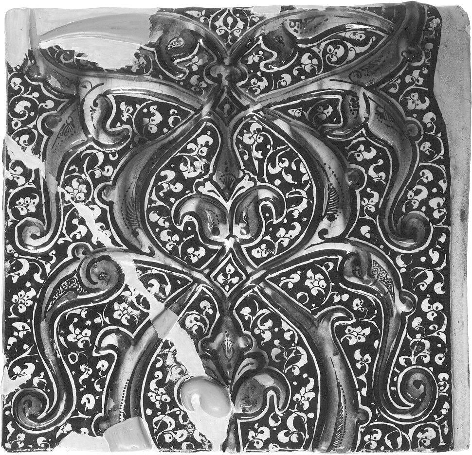 Tile, Stonepaste; overglaze luster-painted, molded