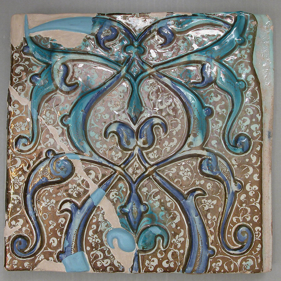 Tile, Stonepaste; overglaze luster-painted, molded