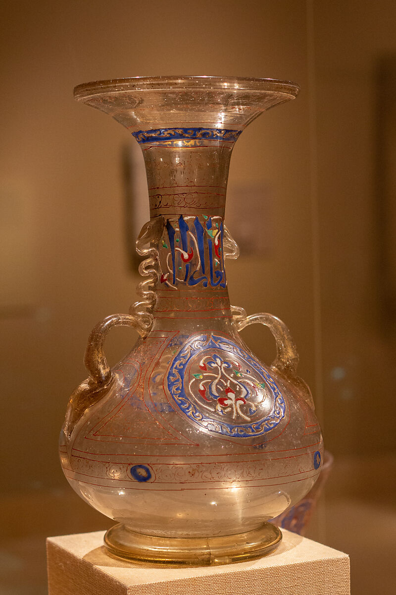 Vase with Handles, Glass, colorless with brown tinge; blown, folded foot, applied handles, enameled and gilded 