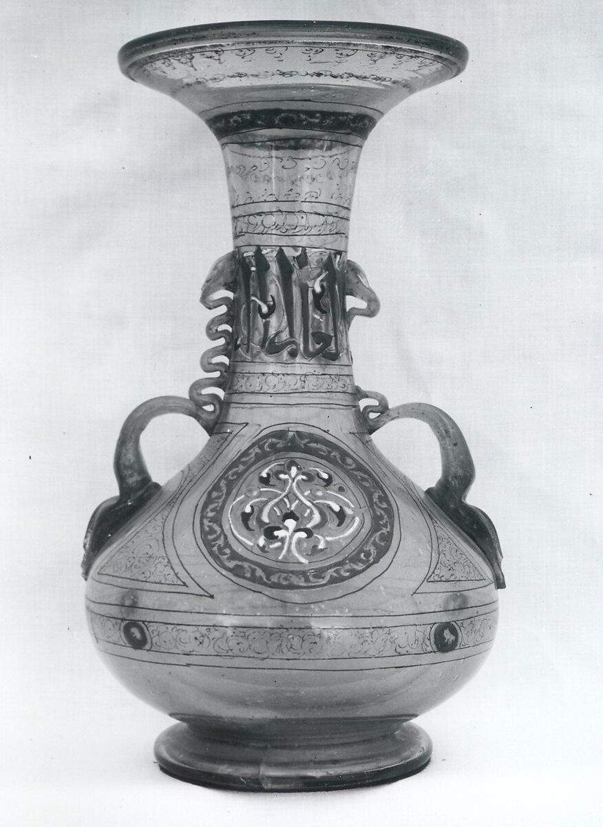 Vase with Handles, Glass, colorless with brown tinge; blown, folded foot, applied handles, enameled and gilded