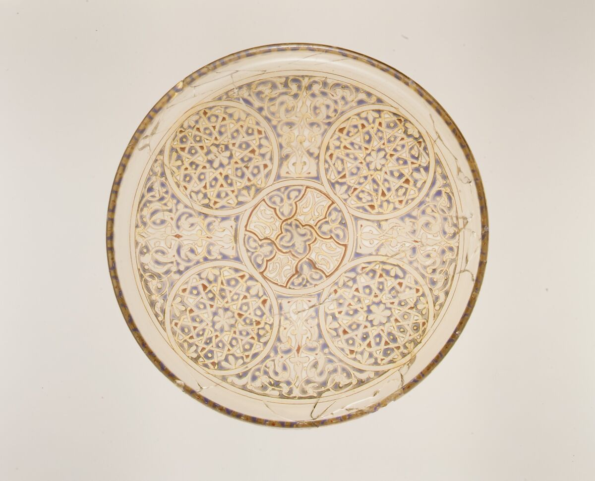 Plate, Glass; free blown, enameled and gilded; tooled on the pontil