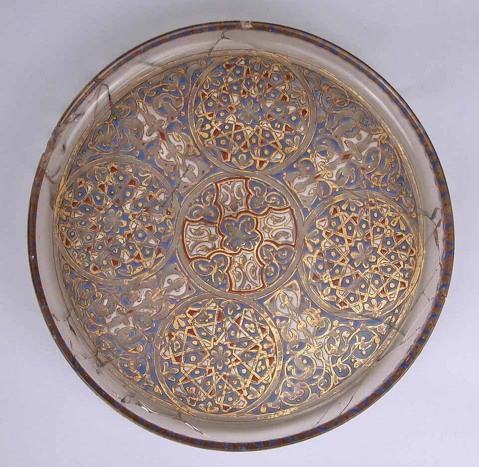 Plate, Glass; free blown, enameled and gilded; tooled on the pontil