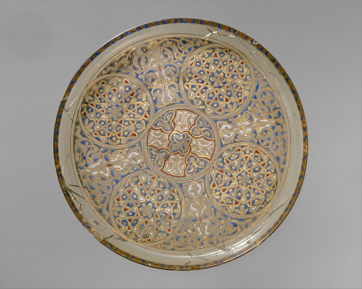 Plate, Glass; free blown, enameled and gilded; tooled on the pontil