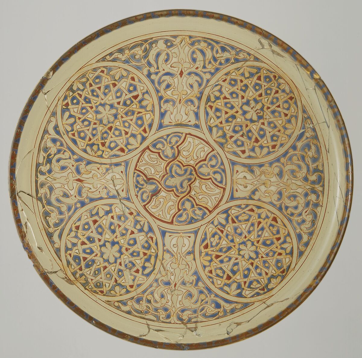 Plate, Glass; free blown, enameled and gilded; tooled on the pontil