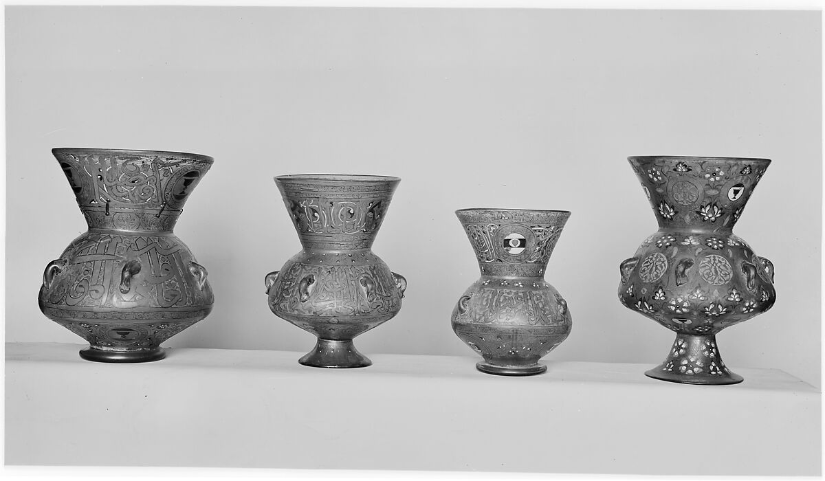 Mosque Lamp of Amir Ahmad al-Mihmandar, Glass, colorless with brown tinge; blown, folded foot, applied wick holder and handles, enameled and gilded