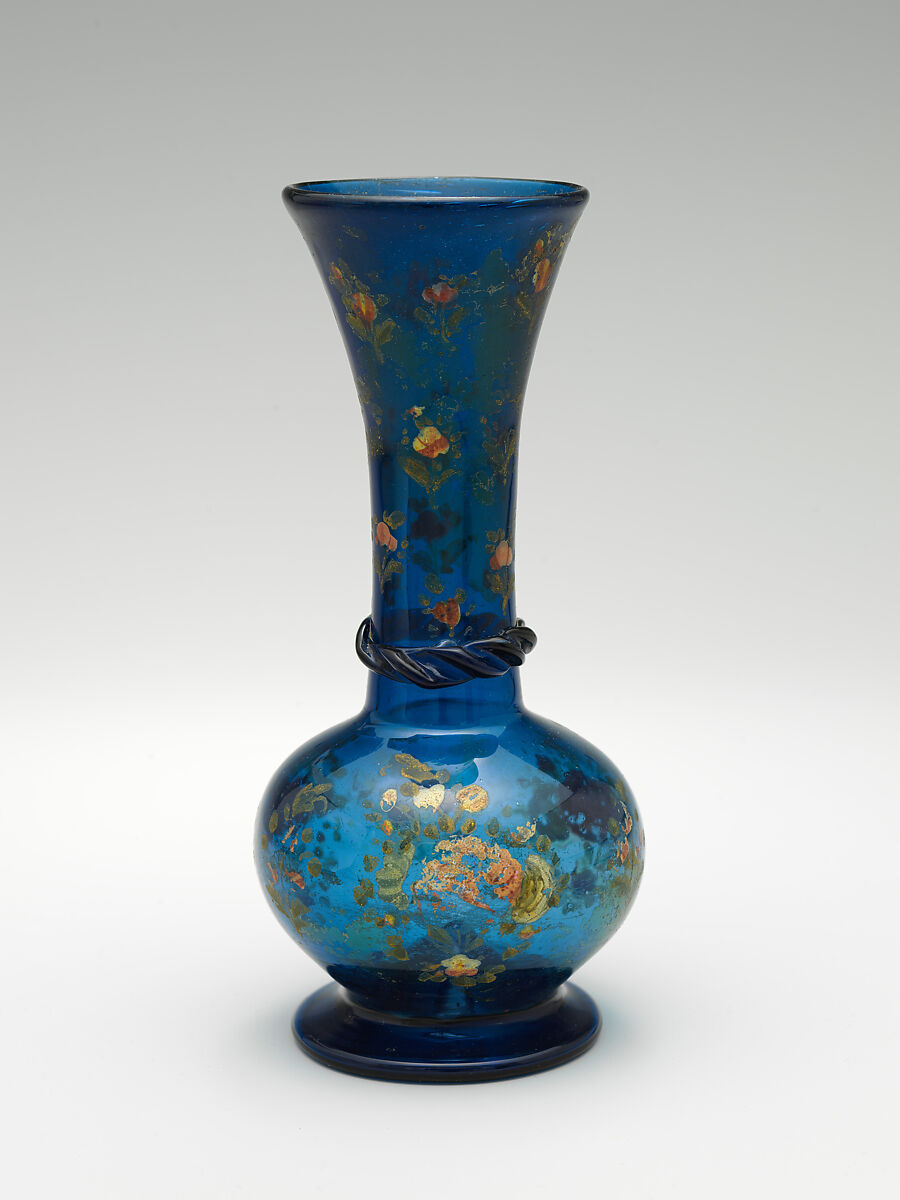 Vase, Glass; blown, applied, painted, tooled on the pontil