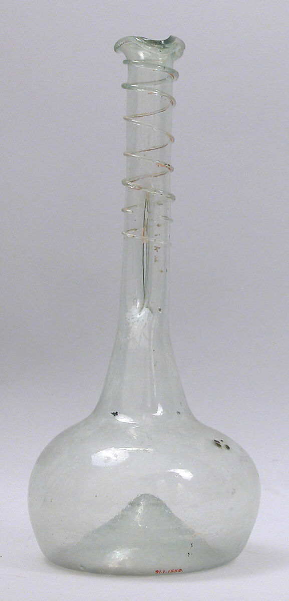 Bottle with a Globular Body, Glass, greenish; blown, applied decoration 