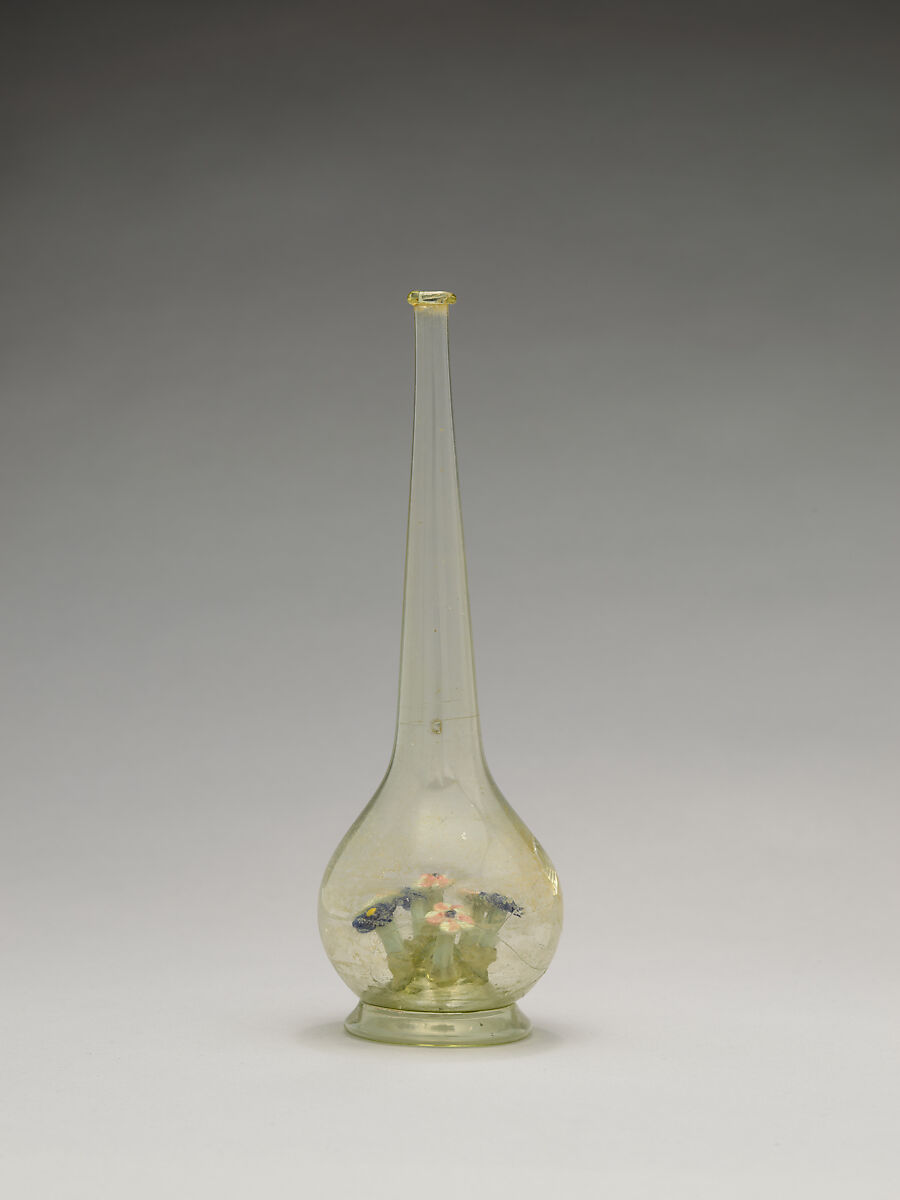Bottle, Glass; free blown, applied decoration; tooled on the pontil