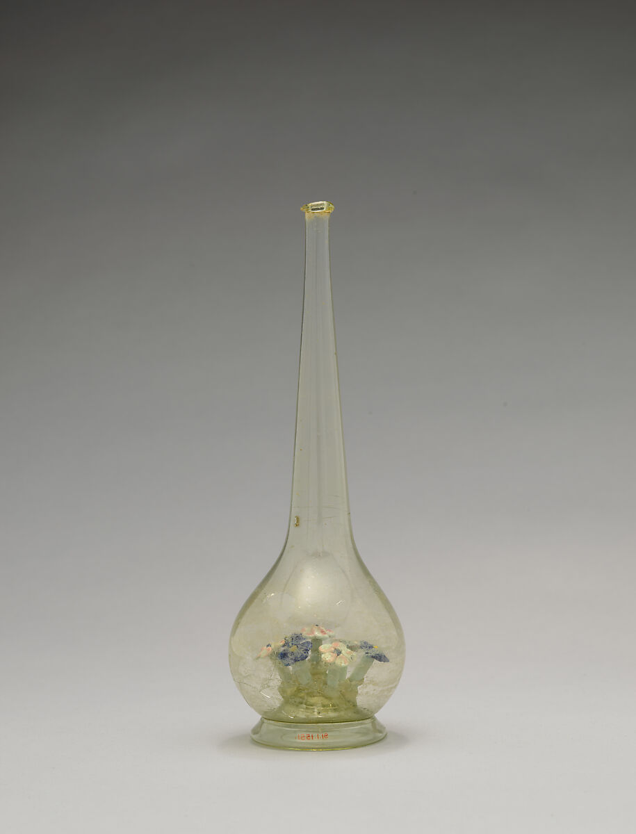 Bottle, Glass; free blown, applied decoration; tooled on the pontil