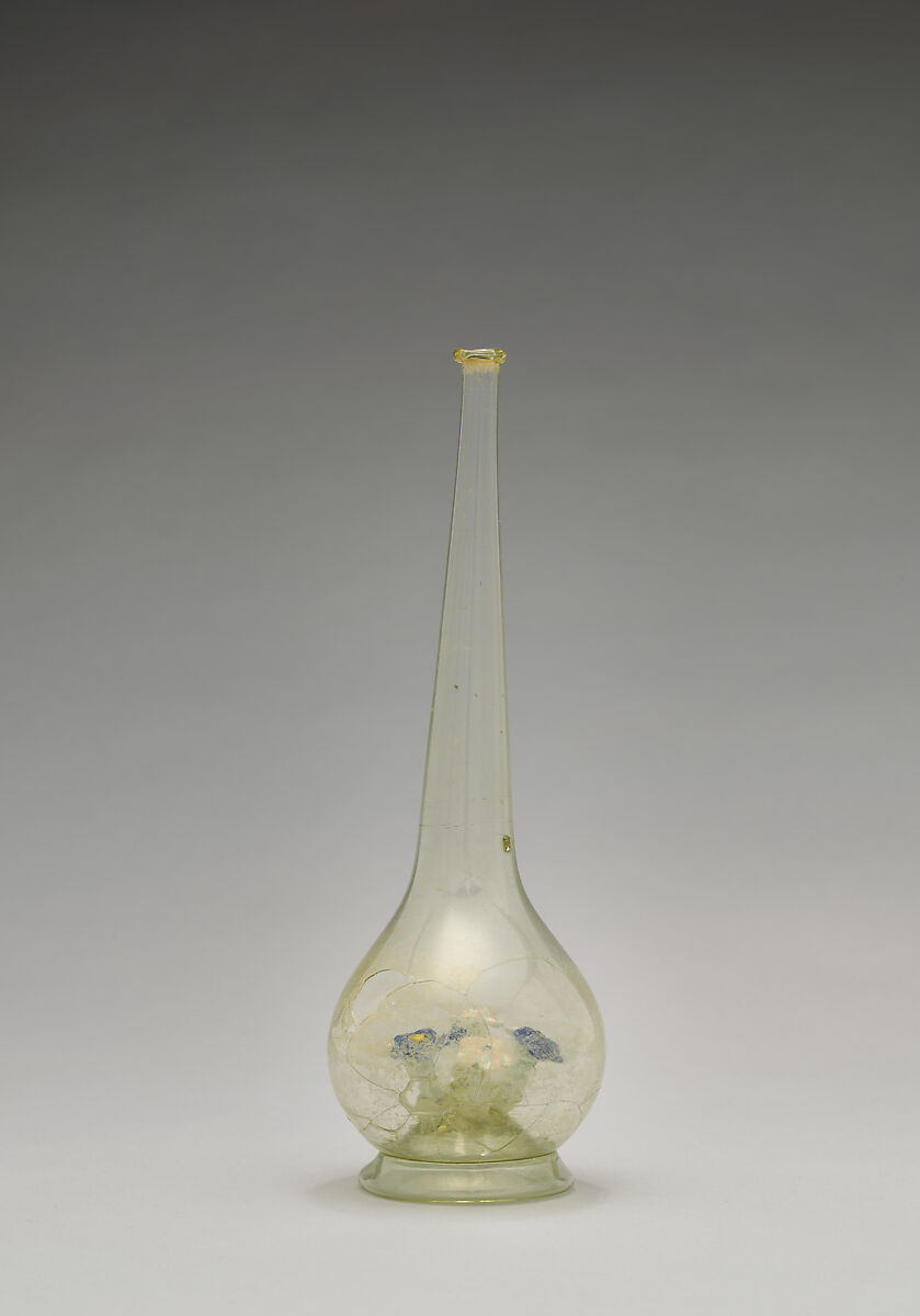 Bottle, Glass; free blown, applied decoration; tooled on the pontil