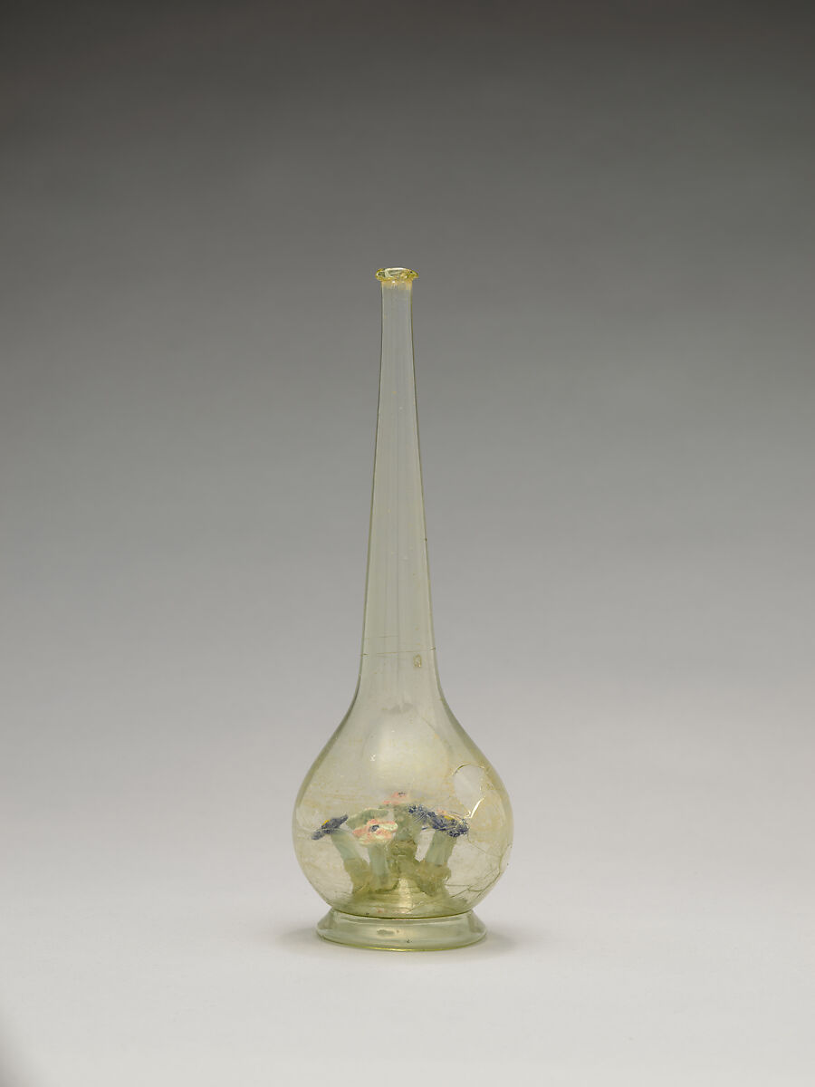 Bottle, Glass; free blown, applied decoration; tooled on the pontil 