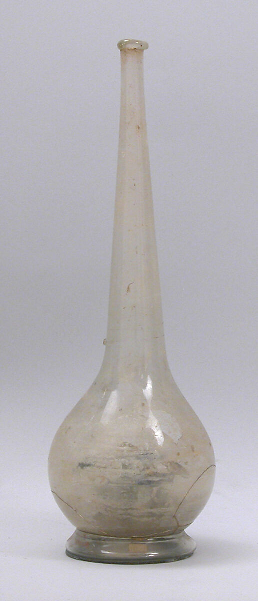 Bottle, Glass; free blown, applied decoration; tooled on the pontil