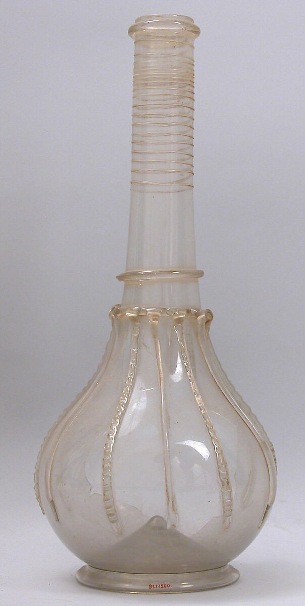 Bottle, Glass; blown, applied decoration; tooled on the pontil