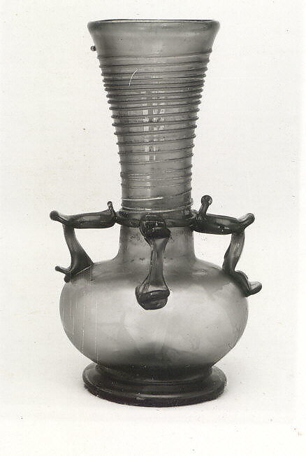 Bottle with Four Handles, Glass, blue; blown, hollow folded foot, applied handles and decoration