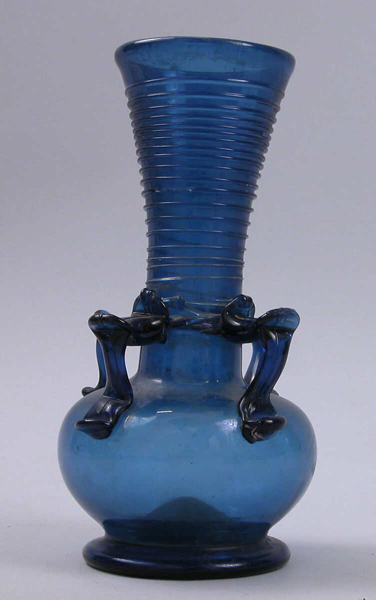 Bottle with Four Handles, Glass, blue; blown, hollow folded foot, applied handles and decoration 