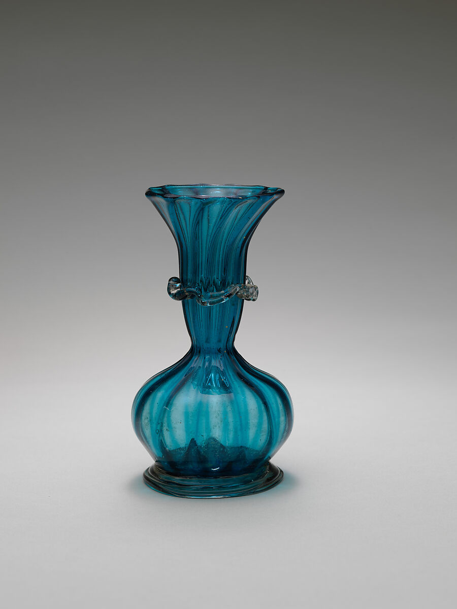 Turquoise Glass Bottle with an Onion Shaped Body, Glass, turquoise; dip-molded, blown, applied greyish foot ring and decoration