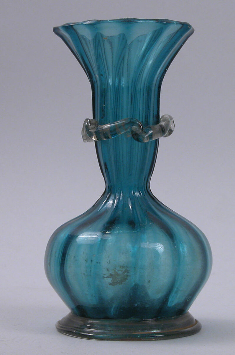 Turquoise Glass Bottle with an Onion Shaped Body, Glass, turquoise; dip-molded, blown, applied greyish foot ring and decoration