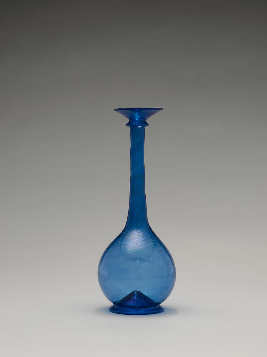 Bottle, Glass; mold blown, applied, tooled on the pontil