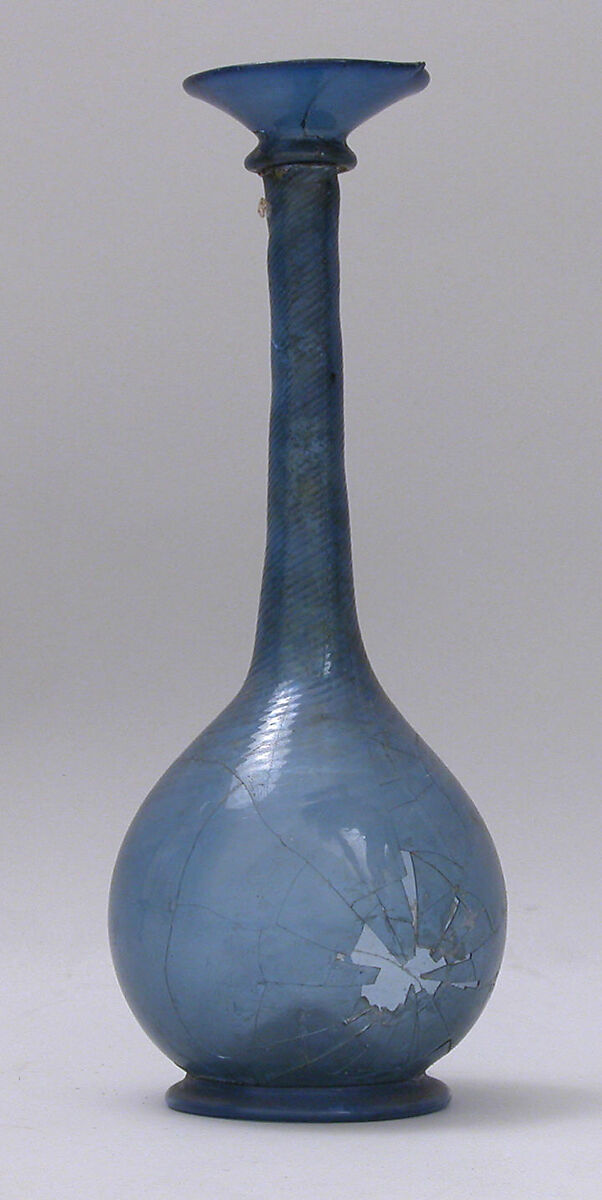 Bottle, Glass; mold blown, applied, tooled on the pontil