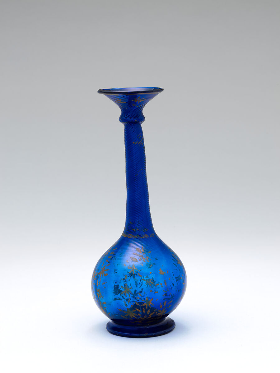 Bottle, Glass; mold blown and gilded, tooled on the pontil