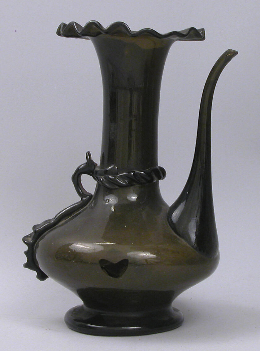 Ewer, Glass; free blown, applied decoration, tooled on the pontil