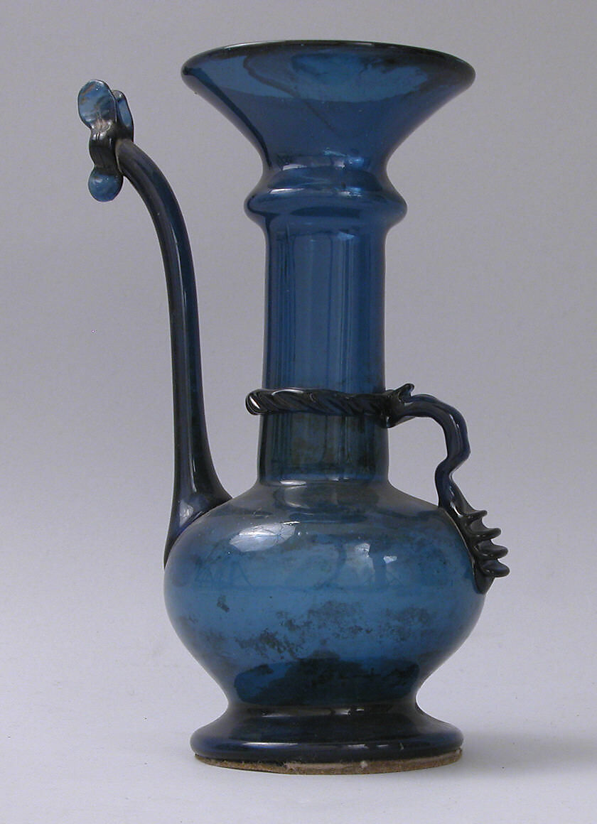 Ewer, Glass; blown, folded foot, applied handle, applied spout, applied decoration 